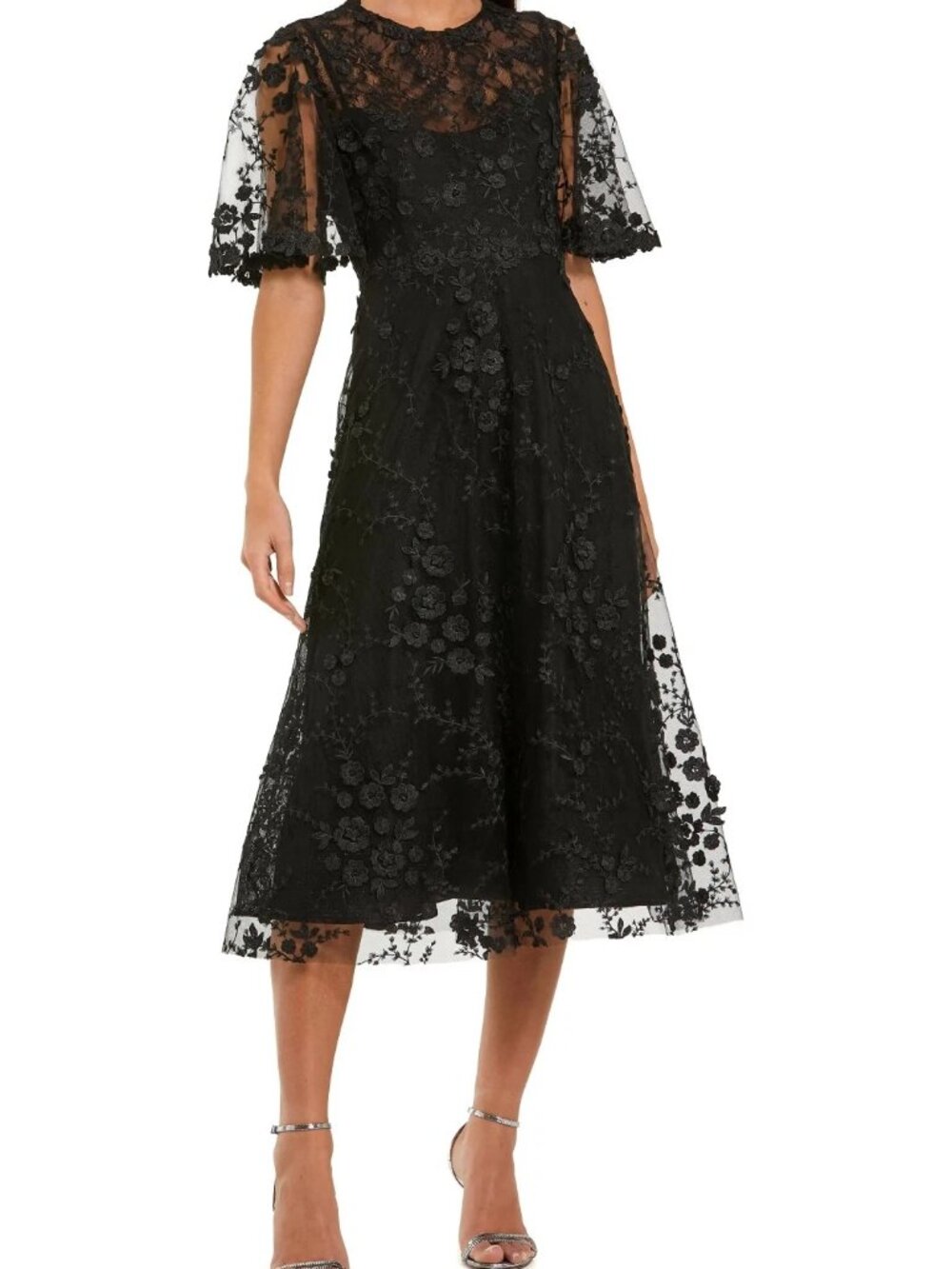 Mac Duggal Black Flutter Sleeve Embroidered Cocktail Midi Dress
